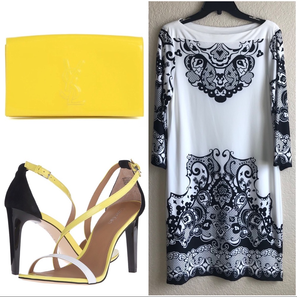 Aztec Print Midi White & Black Dress 3/4 Sleeve